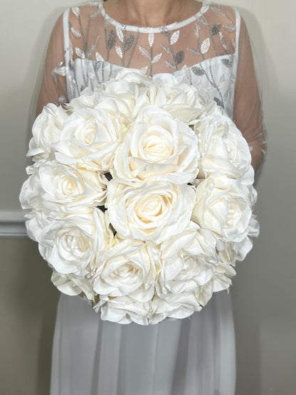 Wedding Bouquet White Bridal Wedding Ivory Classic Rose Bridesmaids Decor Handmade Artificial Faux Flower White Bouquet Rose Decoration