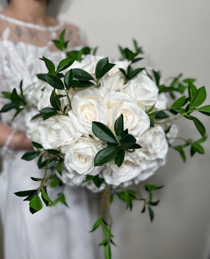 Wedding Bouquet White Bridal Wedding Ivory Classic Rose Bridesmaids Decor Handmade Artificial Faux Greenery Flower Eucalyptus Decoration