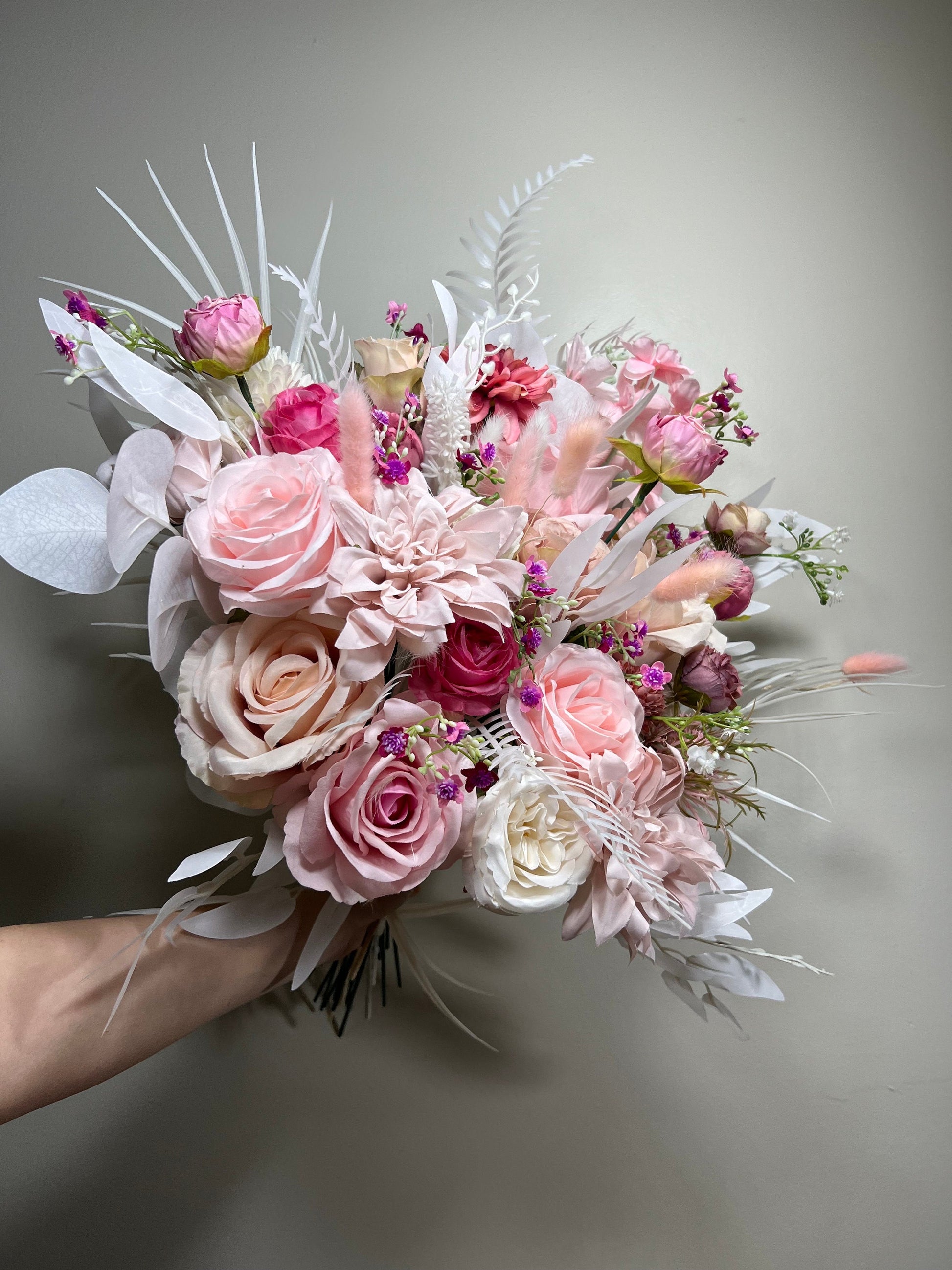 Wedding Bouquet Pink Barbie Bridal Hot Pink Bouquet Barbie Fuchsia Dahlia Viva Magenta Peony Dusty Rose Bunny Tails Artificial Flower