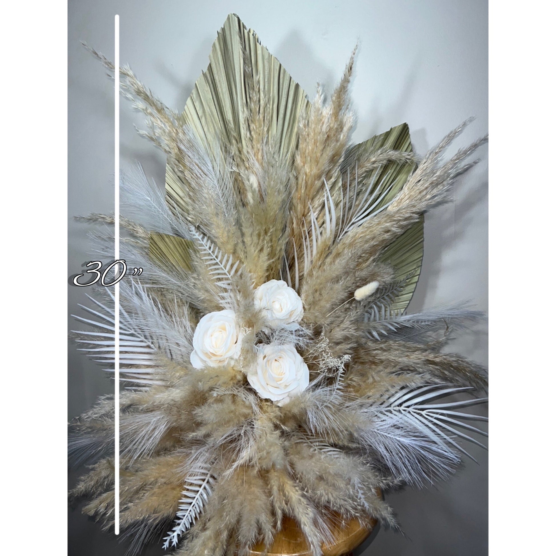 Wedding Aisle Marker Flower Floor Arrangement Whiskey Barrel Décor White Boho Pampas Grass Standing Arch Palm Leaves