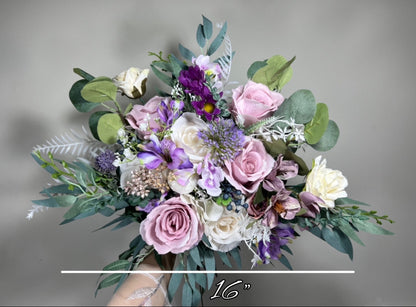Wedding Bouquet Lavender Bridal Purple Rustic Violet Bouquet Plum Bridesmaids Lilac Mauve Eucalyptus Rose White Wild Flowers Artificial