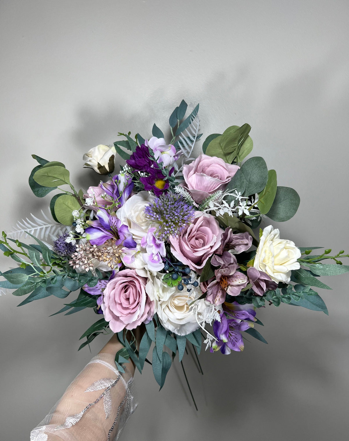 Wedding Bouquet Lavender Bridal Purple Rustic Violet Bouquet Plum Bridesmaids Lilac Mauve Eucalyptus Rose White Wild Flowers Artificial