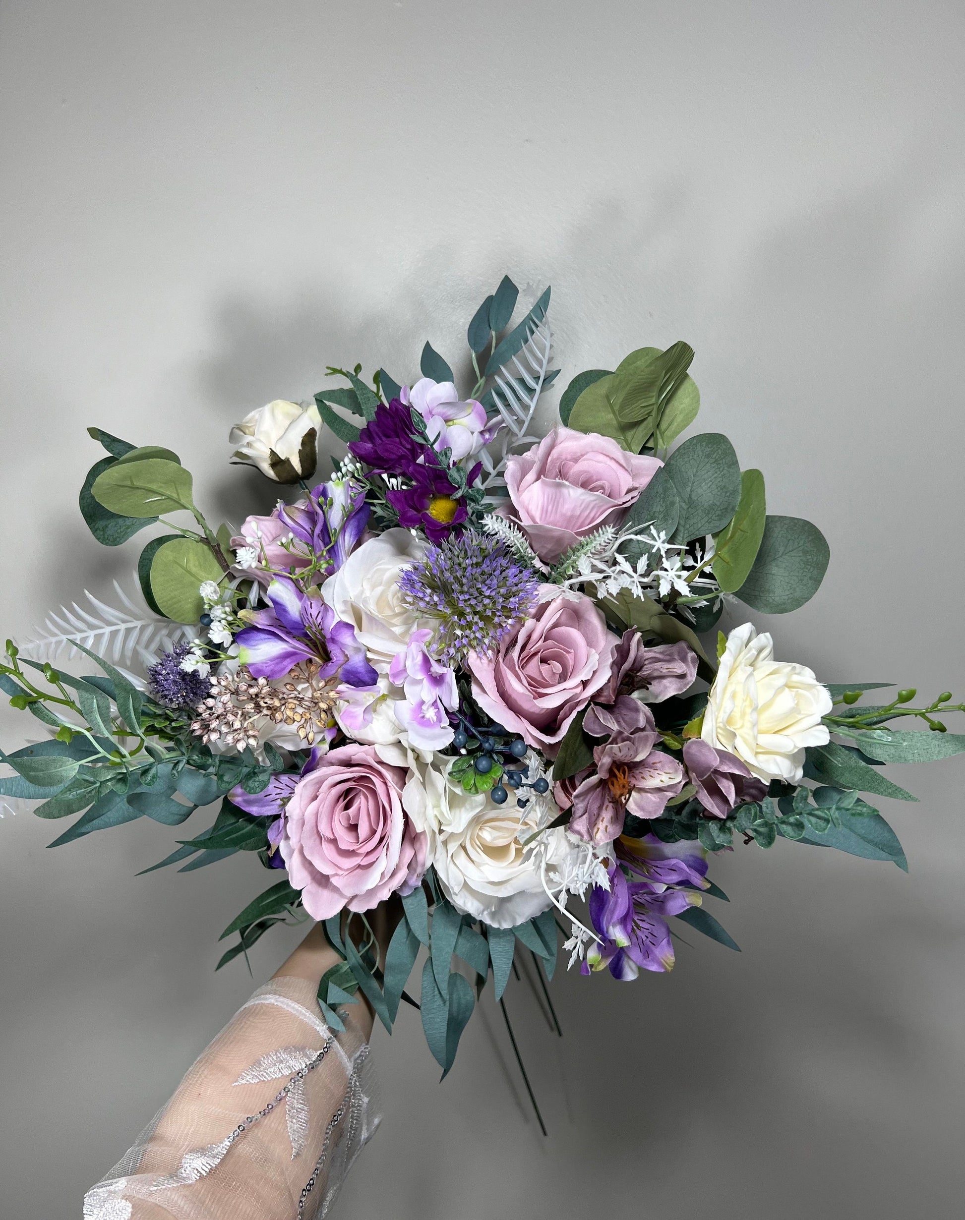 Wedding Bouquet Lavender Bridal Purple Rustic Violet Bouquet Plum Bridesmaids Lilac Mauve Eucalyptus Rose White Wild Flowers Artificial
