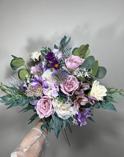 Wedding Bouquet Lavender Bridal Purple Rustic Violet Bouquet Plum Bridesmaids Lilac Mauve Eucalyptus Rose White Wild Flowers Artificial