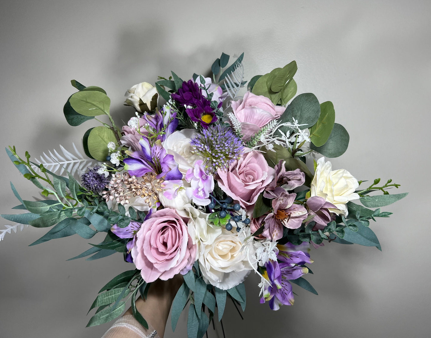 Wedding Bouquet Lavender Bridal Purple Rustic Violet Bouquet Plum Bridesmaids Lilac Mauve Eucalyptus Rose White Wild Flowers Artificial
