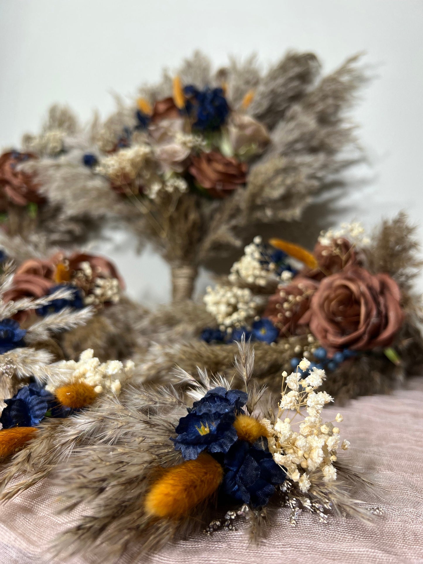 Brown Bouquet Wedding Bridal Terracotta Navy Blue Rust Boho Cinnamon Bouquet Coffee Brown Blue Baby Breath Artificial Flower Pampas Grass