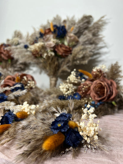 Brown Bouquet Wedding Bridal Terracotta Navy Blue Rust Boho Cinnamon Bouquet Coffee Brown Blue Taupe Artificial Flower Pampas Grass