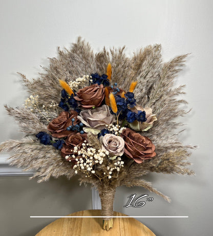 Brown Bouquet Wedding Bridal Terracotta Navy Blue Rust Boho Cinnamon Bouquet Coffee Brown Blue Baby Breath Artificial Flower Pampas Grass