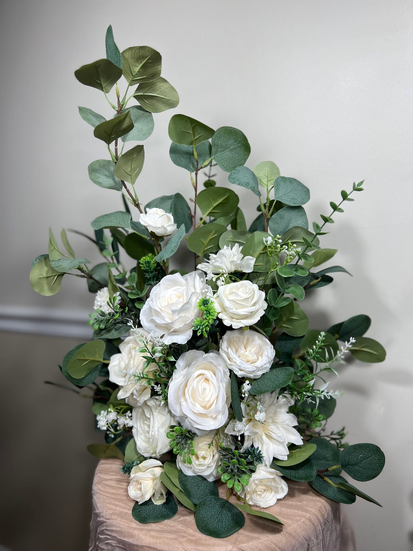 Wedding Aisle Marker Flower Floor Arrangement Whiskey Barrel Décor Dusty Rose Ground Arch Ivory Eucalyptus Artificial Flower