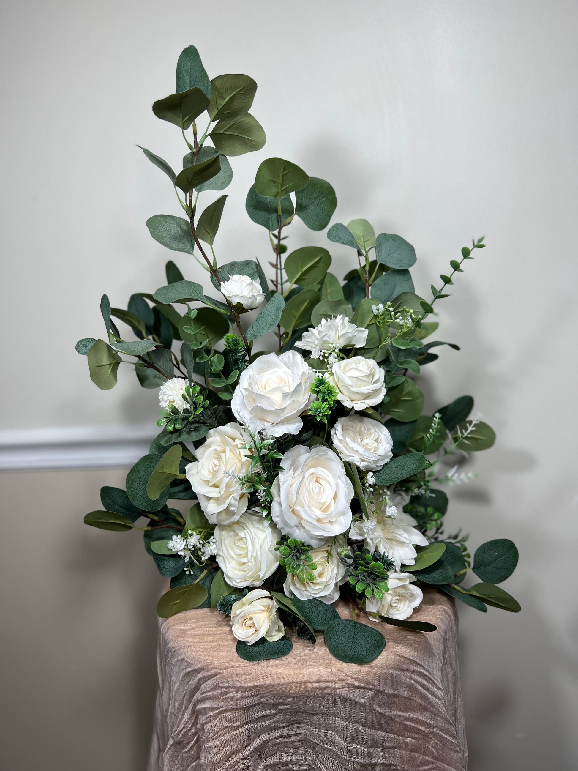 Wedding Aisle Marker Flower Floor Arrangement Whiskey Barrel Décor Dusty Rose Ground Arch Ivory Eucalyptus Artificial Flower