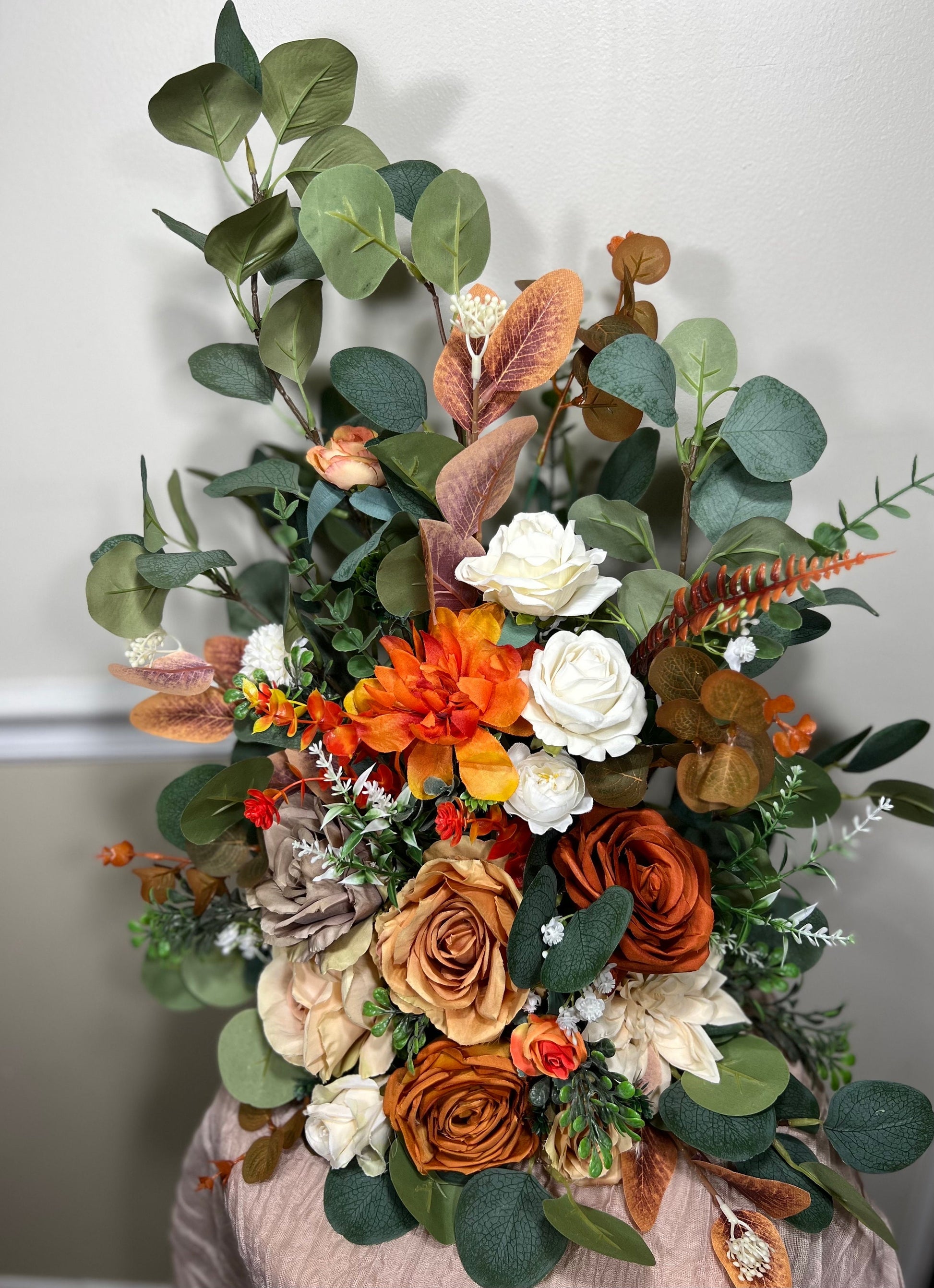 Wedding Aisle Marker Flower Floor Arrangement Whiskey Barrel Décor Orange Terracotta Ground Arch Rust Burn Orange White