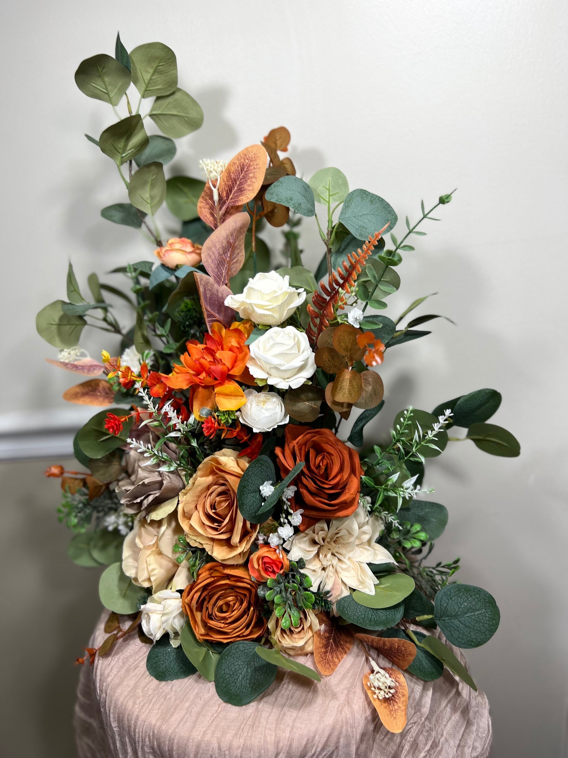 Wedding Aisle Marker Flower Floor Arrangement Whiskey Barrel Décor Orange Terracotta Ground Arch Rust Burn Orange White