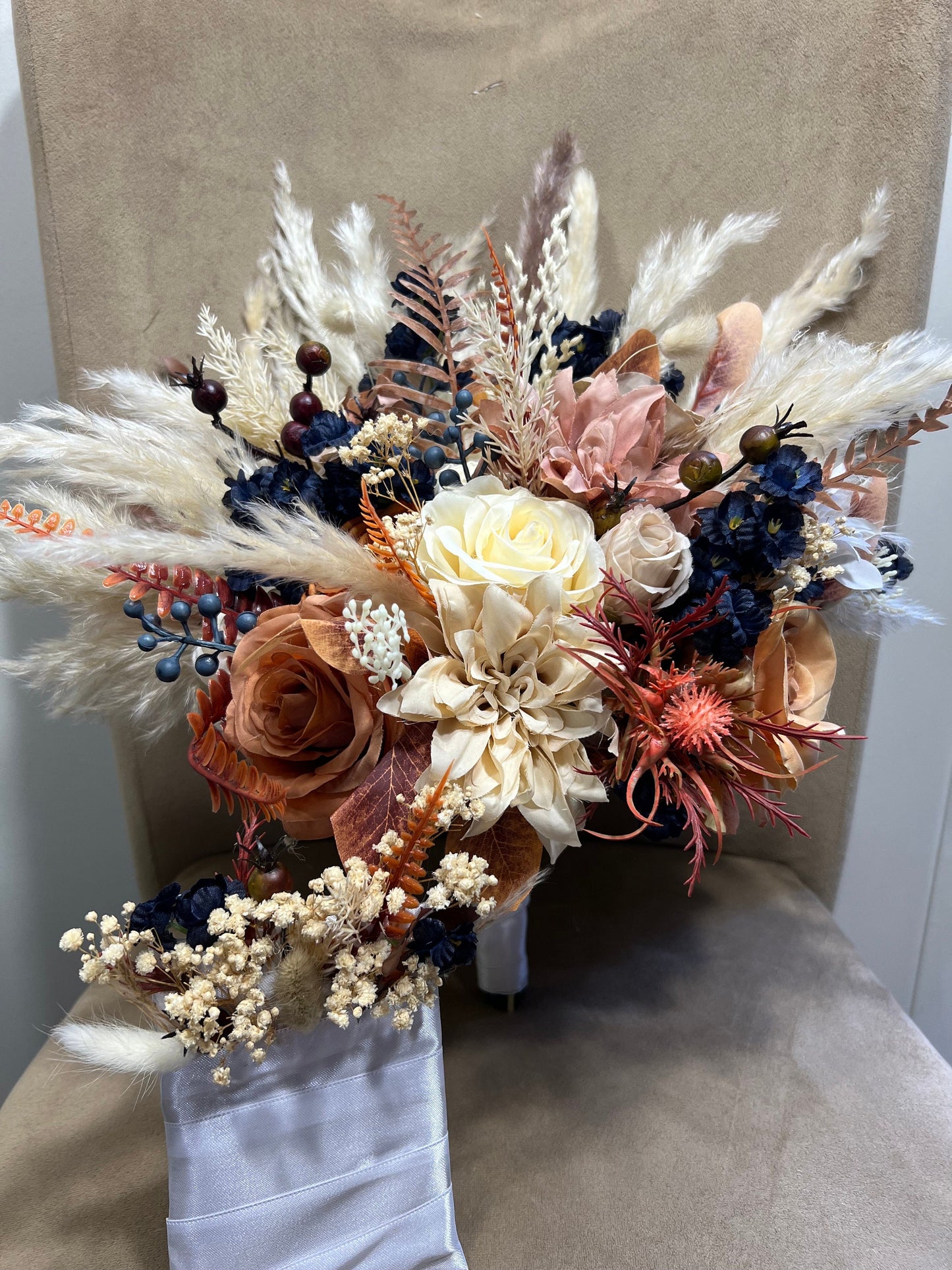 Wedding Bouquet Navy Blue Terracotta Boho Bridal Rust Weddin Burnt Orange Brown Cinnamon Decor Artificial Flower Pampas Grass Fall