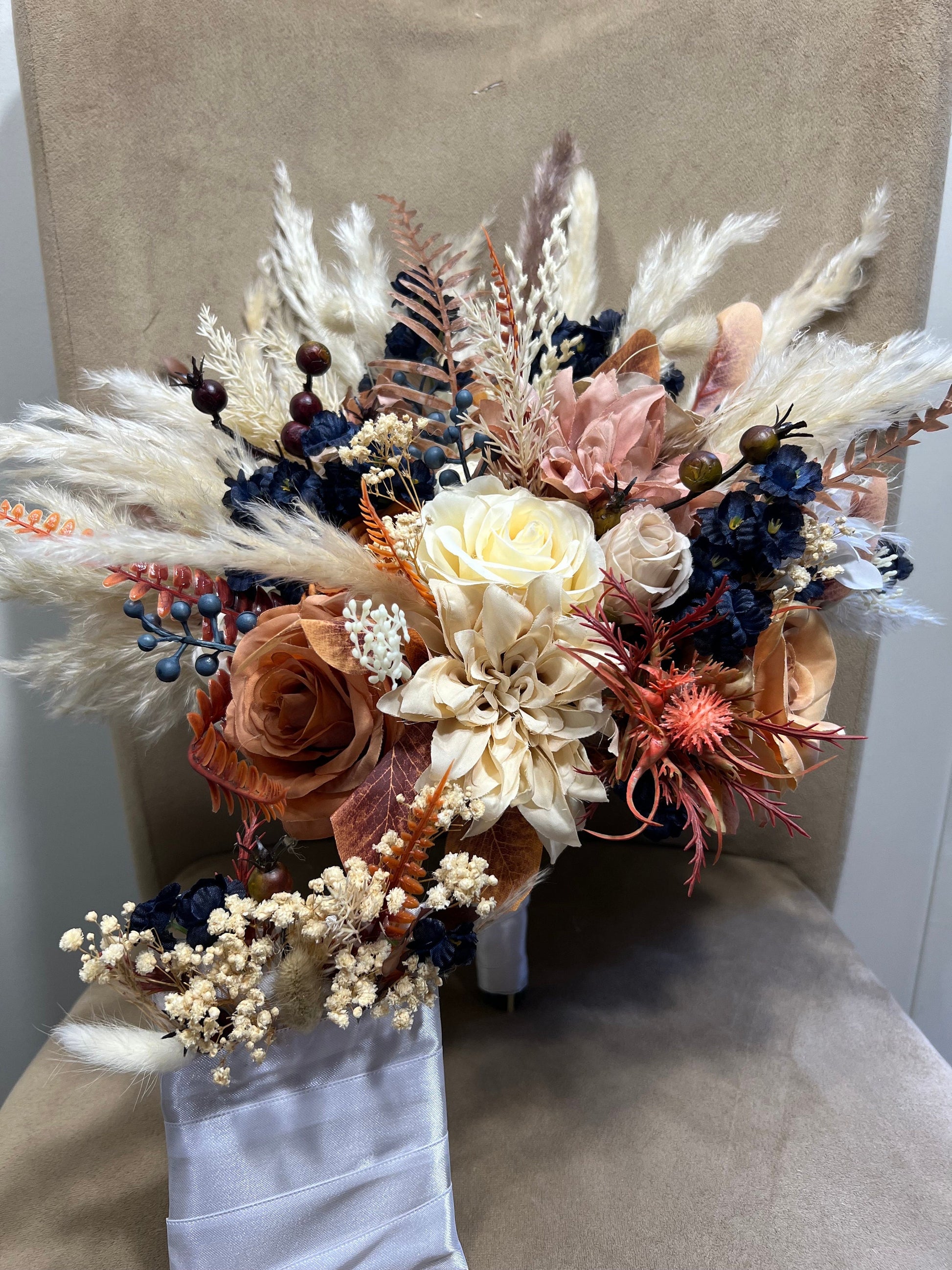 Wedding Bouquet Navy Blue Terracotta Boho Bridal Rust Weddin Burnt Orange Brown Cinnamon Decor Artificial Flower Pampas Grass Fall