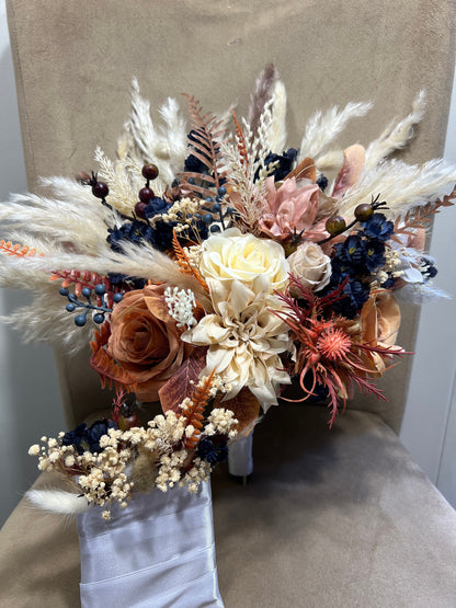 Wedding Bouquet Navy Blue Terracotta Boho Bridal Rust Weddin Burnt Orange Brown Cinnamon Decor Artificial Flower Pampas Grass Fall