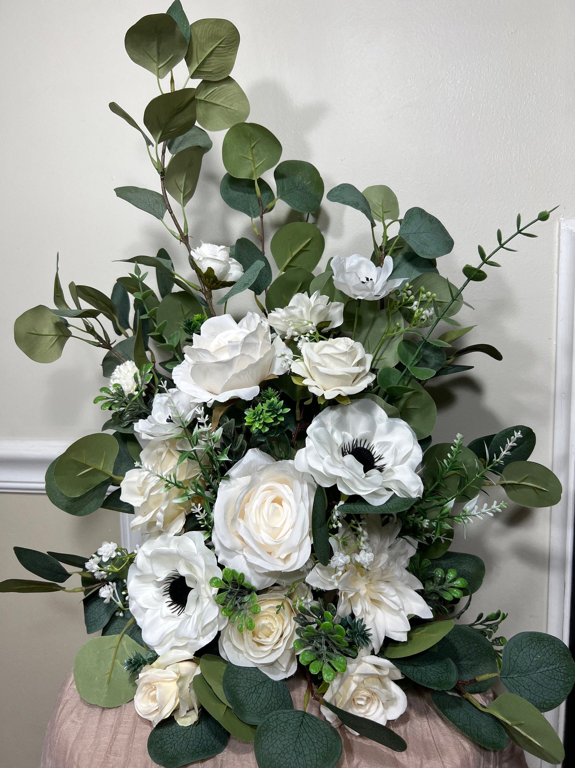 Wedding Aisle Marker Flower Floor Arrangement Whiskey Barrel Décor Dusty Rose Ground Arch Ivory Eucalyptus Artificial Flower