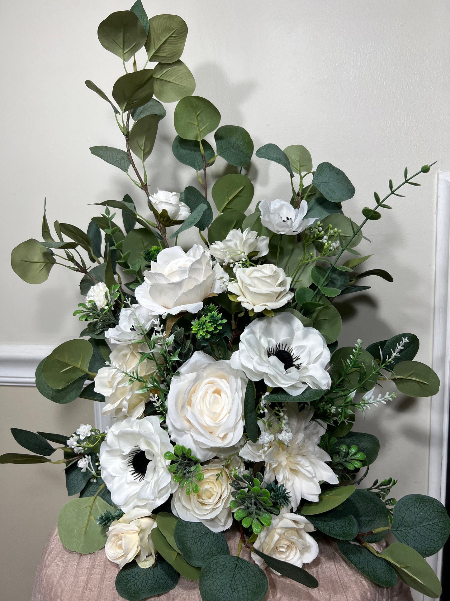 Wedding Aisle Marker Flower Floor Arrangement Whiskey Barrel Décor White Ground Arch IvoryDusty Rose Floor Eucalyptus