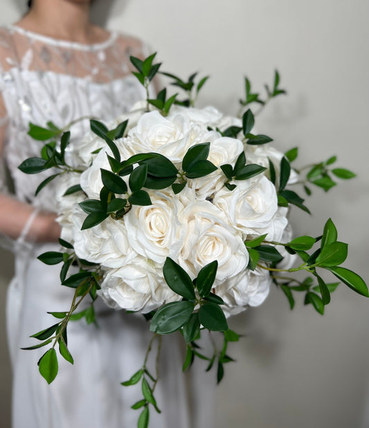 Wedding Bouquet White Bridal Wedding Ivory Classic Rose Bridesmaids Decor Handmade Artificial Faux Greenery Flower Eucalyptus Decoration