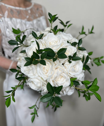 Wedding Bouquet White Bridal Wedding Ivory Classic Rose Bridesmaids Decor Handmade Artificial Faux Greenery Flower Eucalyptus Decoration