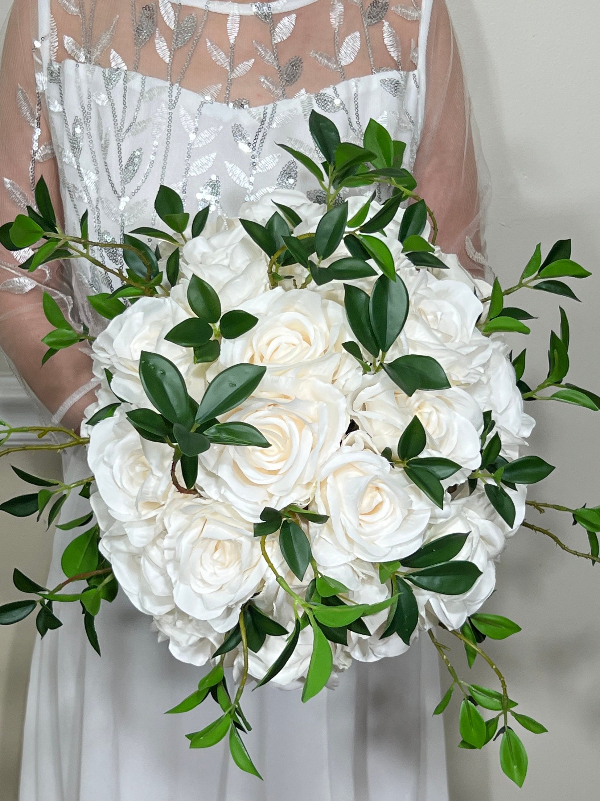 Wedding Bouquet White Bridal Wedding Ivory Classic Rose Bridesmaids Decor Handmade Artificial Faux Greenery Flower Eucalyptus Decoration