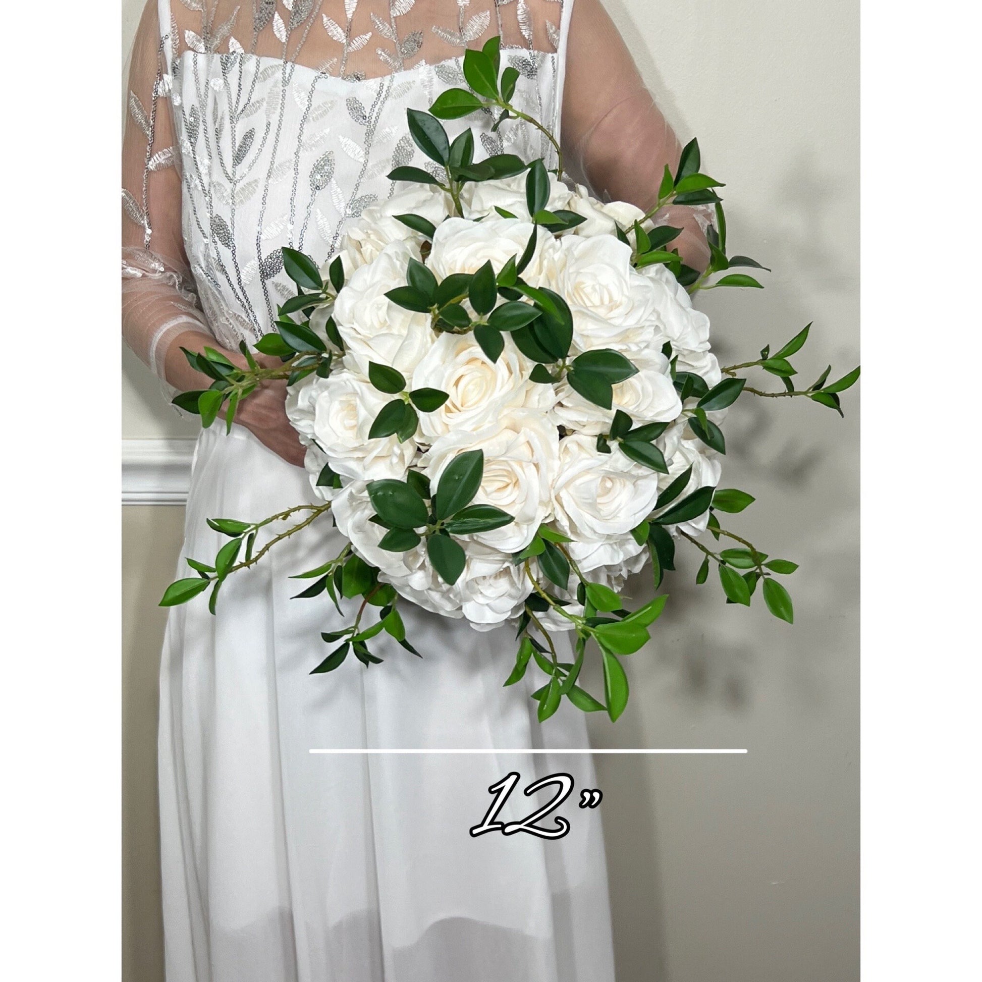 Wedding Bouquet White Bridal Wedding Ivory Classic Rose Bridesmaids Decor Handmade Artificial Faux Greenery Flower Eucalyptus Decoration