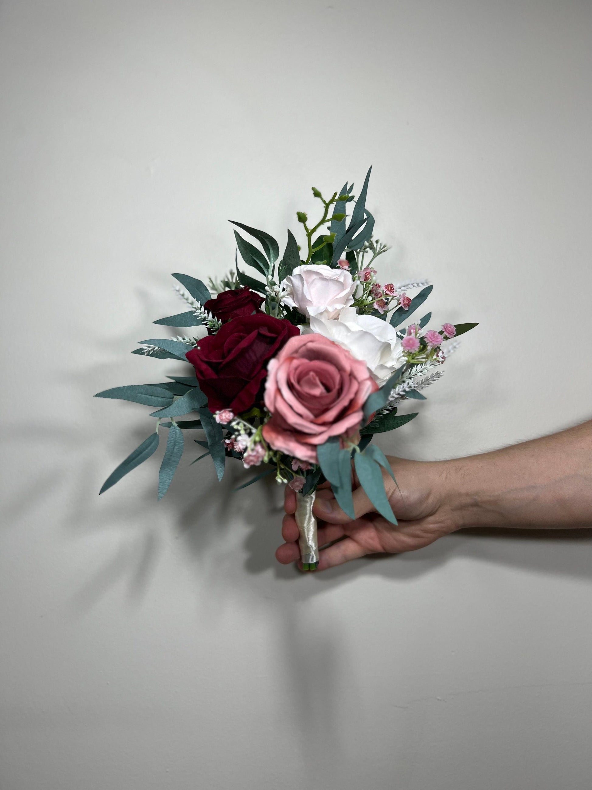 Wedding Bouquet Burgundy Pink Bridal Wedding Rustic Bouquet Dusty Rose Bridesmaids White Eucalyptus Handmade Pink Wild Flower Artificial