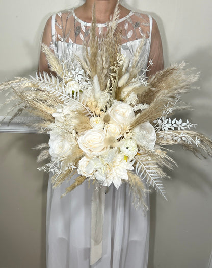 Wedding Bouquet Boho White Bridal Bouquet Pampas Grass Ivory Bridesmaids Decor Palms Leaves White Artificial Flower Dried Dahlia White Rose