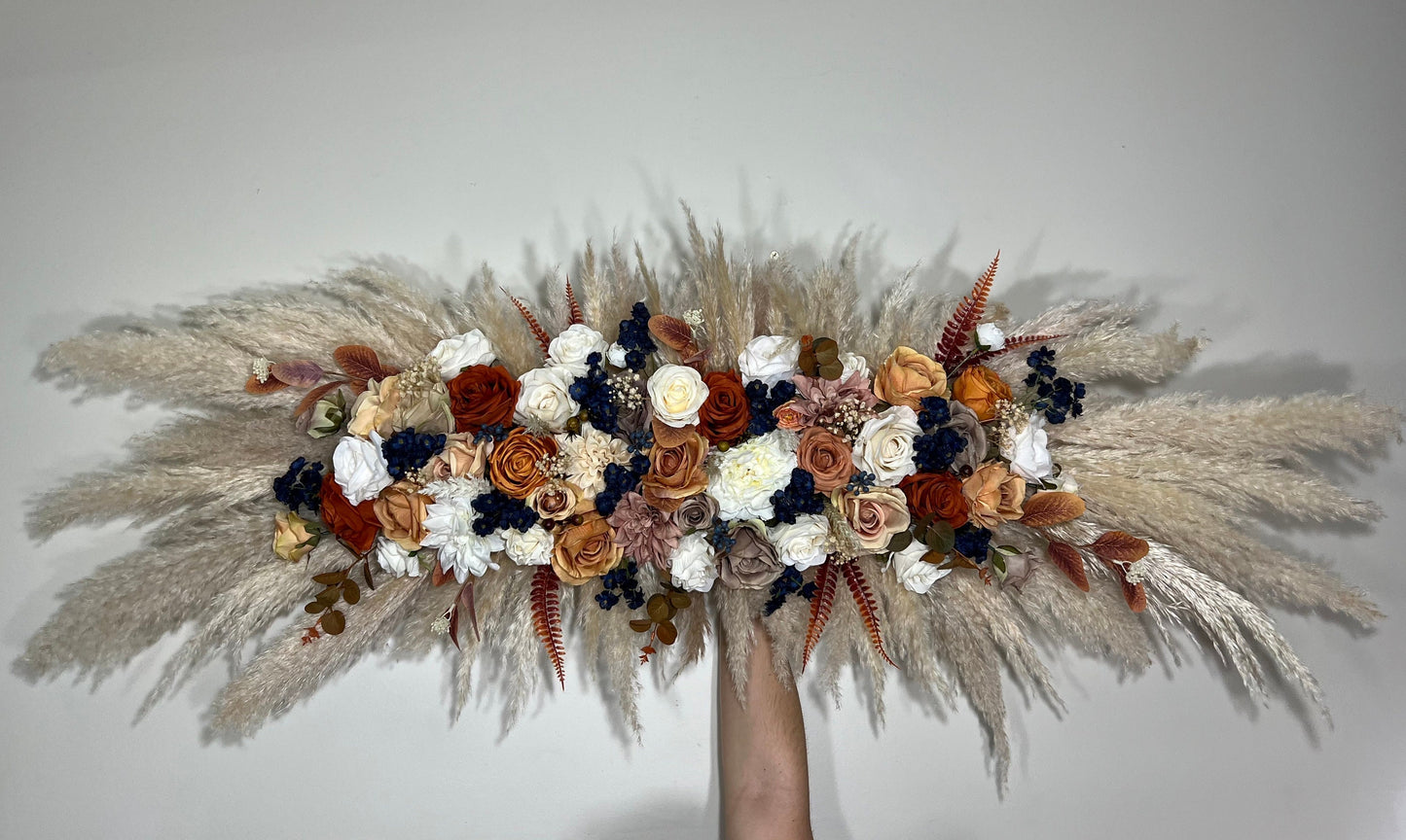 Wedding Terracotta Arch Arrangement Navy Blue Boho Burnt Orange Cinnamon Brown Rust Aisle Arrangement Swag Pampas Grass Decor Wall Fall