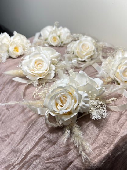 Wedding Corsage White Boho Wedding Wrist Corsage Bridesmaids Decor Corsage Ivory Corsage Prom Artificial Flowers Baby Breath
