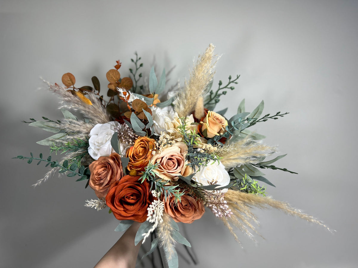 Wedding Bouquet Terracotta Rust Burnt Orange Bouquet Bridal Ivory Fall Eucalyptus Baby Breath Cinnamon Rose Pampas Grass Artificial Flower