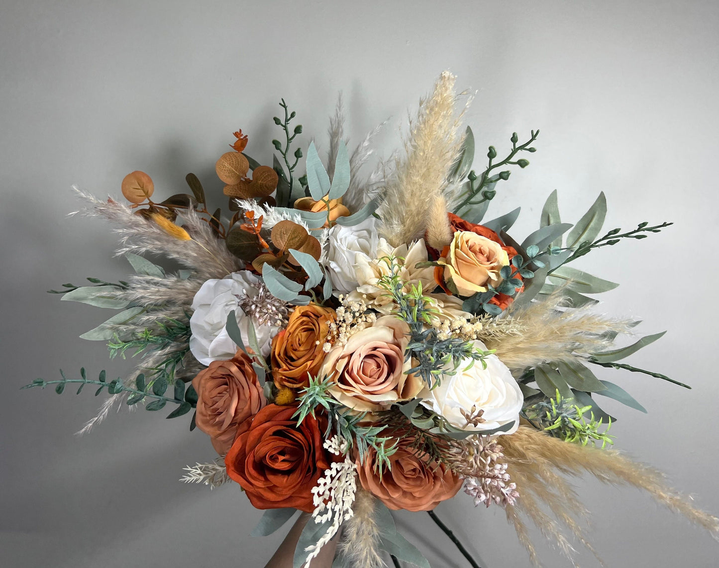 Wedding Bouquet Terracotta Rust Burnt Orange Bouquet Bridal Ivory Fall Eucalyptus Baby Breath Cinnamon Rose Pampas Grass Artificial Flower