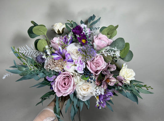 Wedding Bouquet Lavender Bridal Purple Rustic Violet Bouquet Plum Bridesmaids Lilac Mauve Eucalyptus Rose White Wild Flowers Artificial