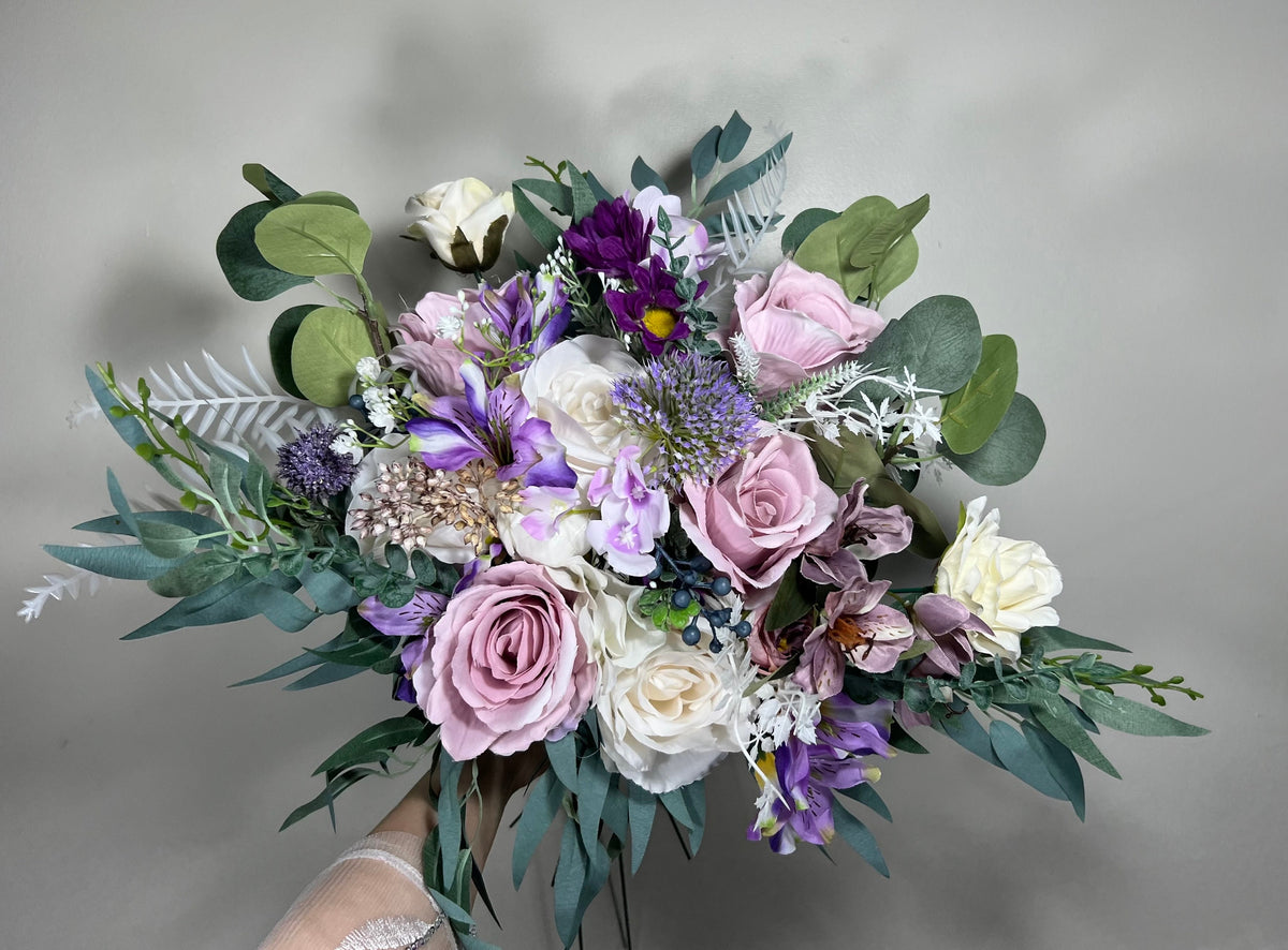 Wedding Bouquet Lavender Bridal Purple Rustic Violet Bouquet Plum Bridesmaids Lilac Mauve Eucalyptus Rose White Wild Flowers Artificial
