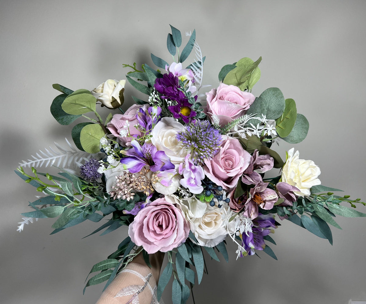 Wedding Bouquet Lavender Bridal Purple Rustic Violet Bouquet Plum Bridesmaids Lilac Mauve Eucalyptus Rose White Wild Flowers Artificial