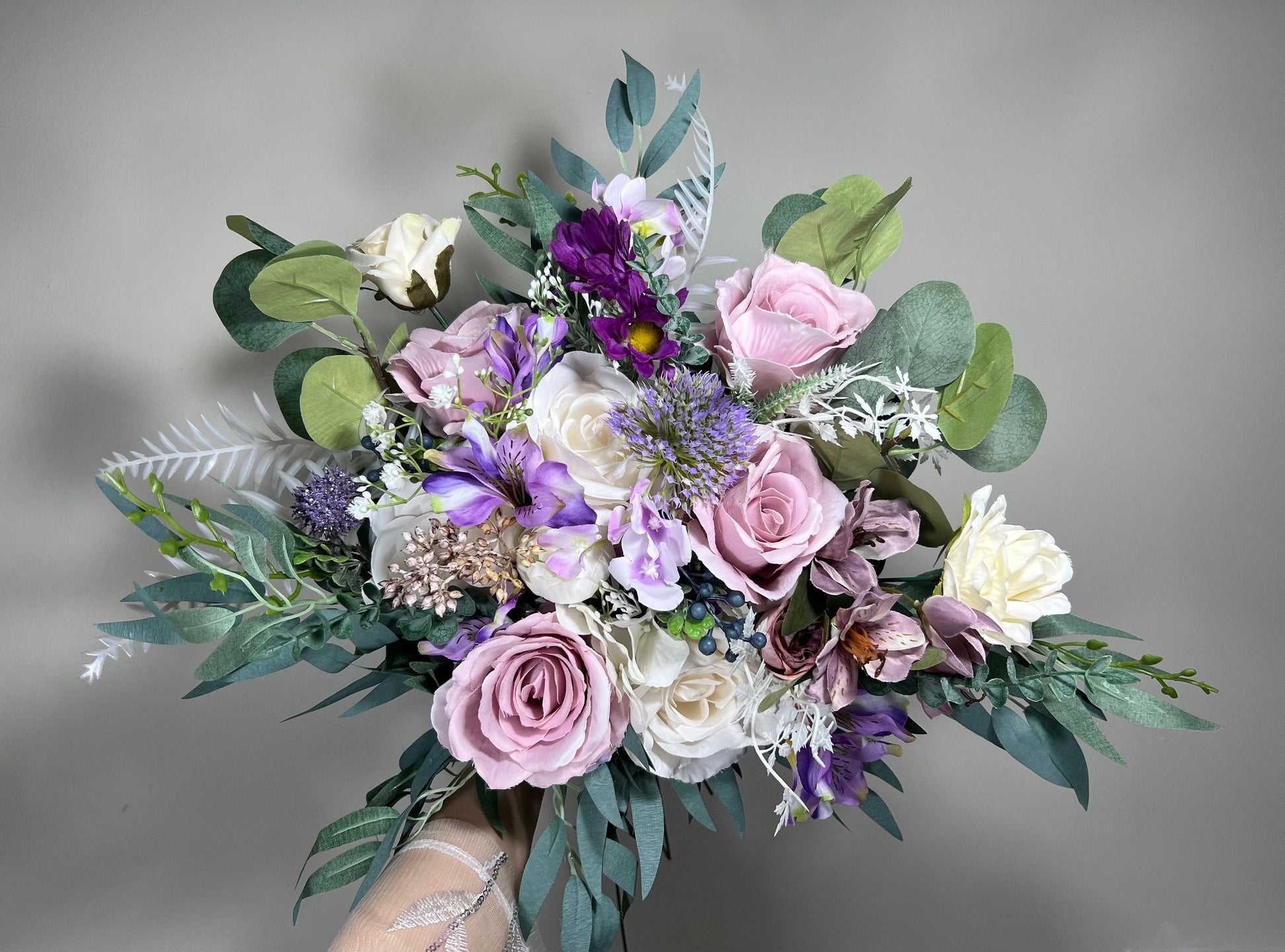 Wedding Bouquet Lavender Bridal Purple Rustic Violet Bouquet Plum Bridesmaids Lilac Mauve Eucalyptus Rose White Wild Flowers Artificial