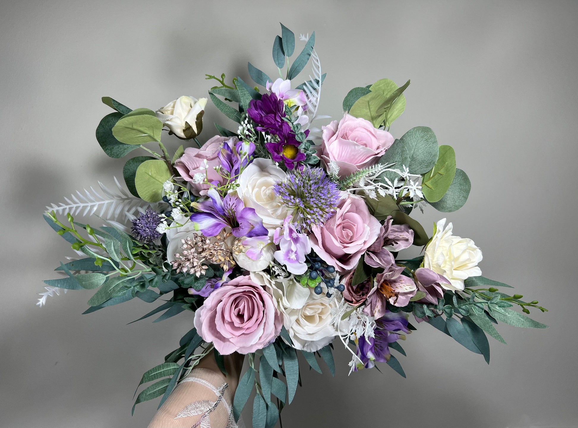 Wedding Bouquet Lavender Bridal Purple Rustic Violet Bouquet Plum Bridesmaids Lilac Mauve Eucalyptus Rose White Wild Flowers Artificial