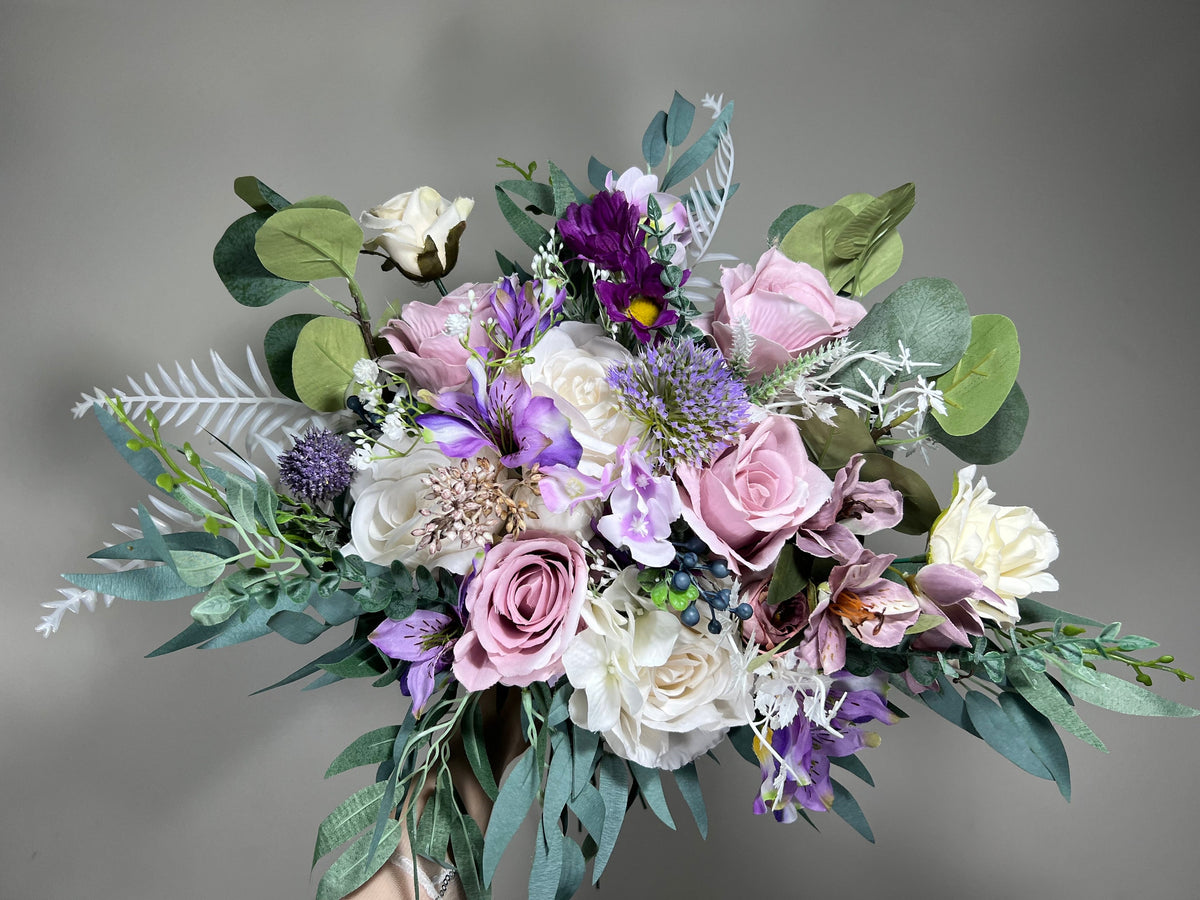 Wedding Bouquet Lavender Bridal Purple Rustic Violet Bouquet Plum Bridesmaids Lilac Mauve Eucalyptus Rose White Wild Flowers Artificial