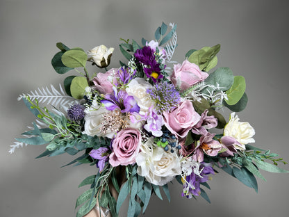 Wedding Bouquet Lavender Bridal Purple Rustic Violet Bouquet Plum Bridesmaids Lilac Mauve Eucalyptus Rose White Wild Flowers Artificial