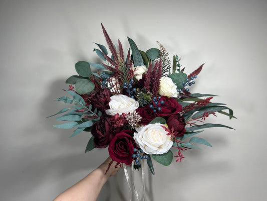Wedding Bouquet Burgundy Bridal Red Rustic Navy Blue Bouquet Burgundy Bridesmaids White Decor Eucalyptus Dahlia Peony Wedding Ivory
