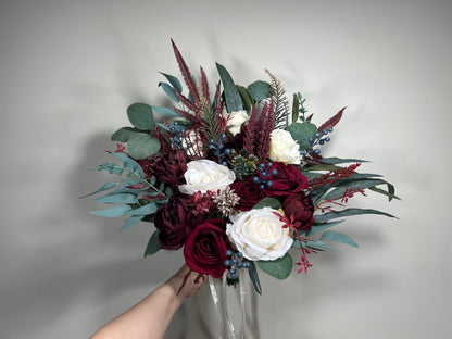 Wedding Bouquet Burgundy Bridal Red Rustic Navy Blue Bouquet Burgundy Bridesmaids White Decor Eucalyptus Dahlia Peony Wedding Ivory