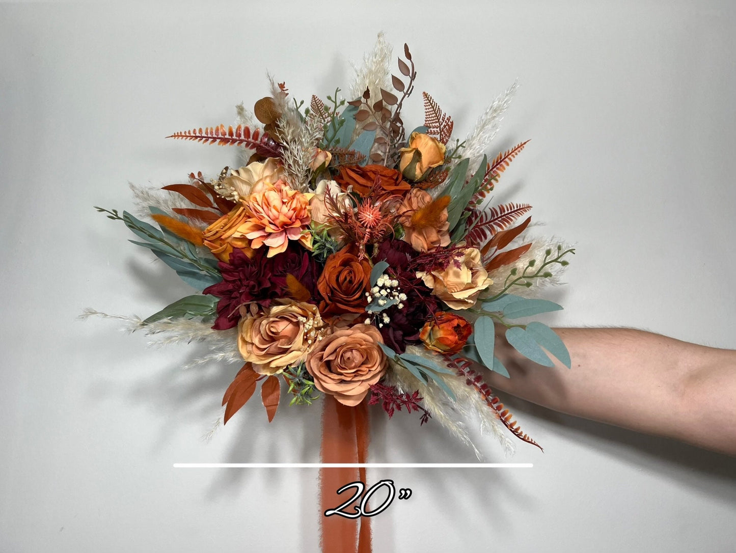 Orange Burgundy Bouquet Bridal Terracotta Cascade Bouquet Bridesmaids Rust Burgundy Burnt Orange Bouquet Fall Eucalyptus Pampas Grass