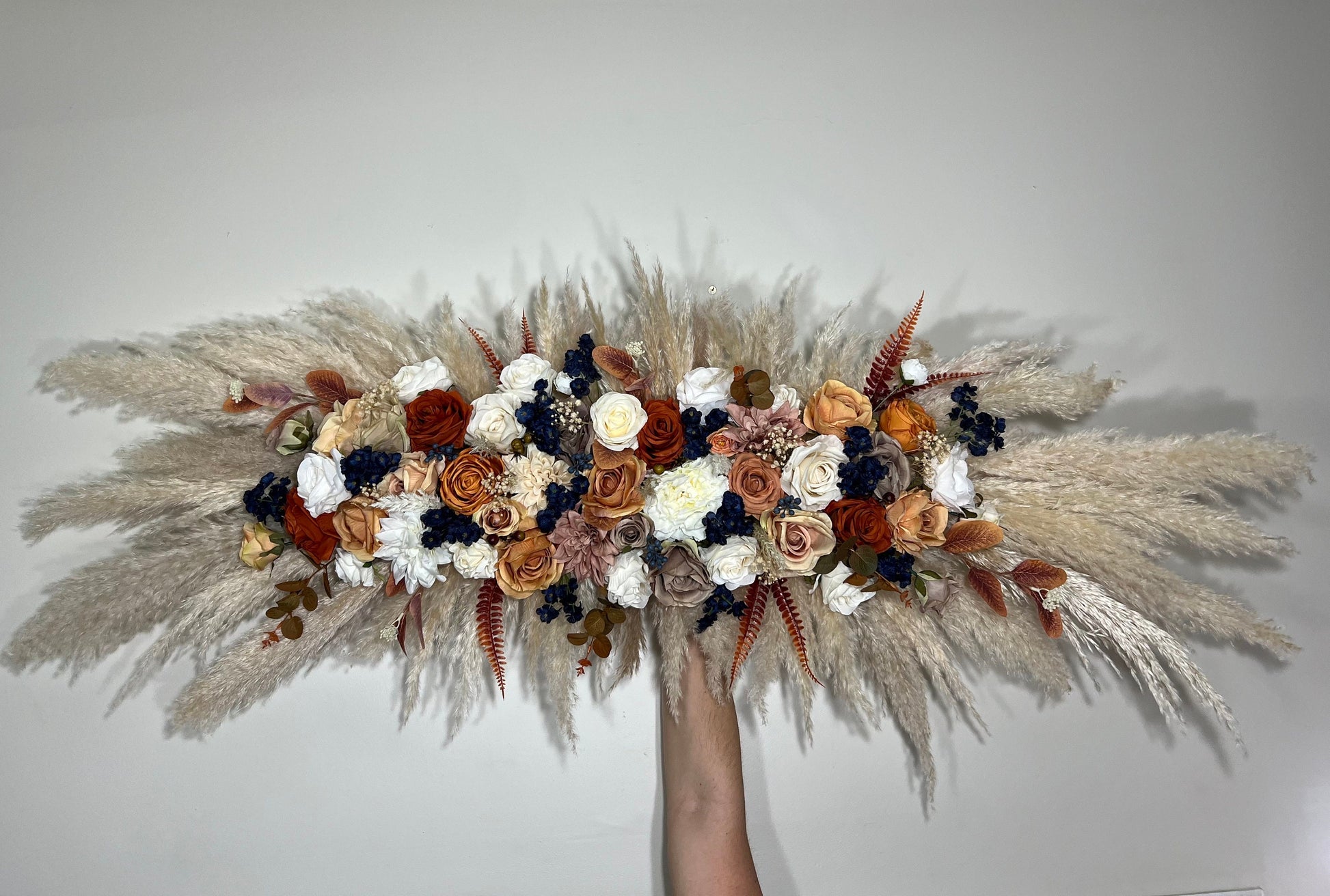 Wedding Terracotta Arch Arrangement Navy Blue Boho Burnt Orange Cinnamon Brown Rust Aisle Arrangement Swag Pampas Grass Decor Wall Fall