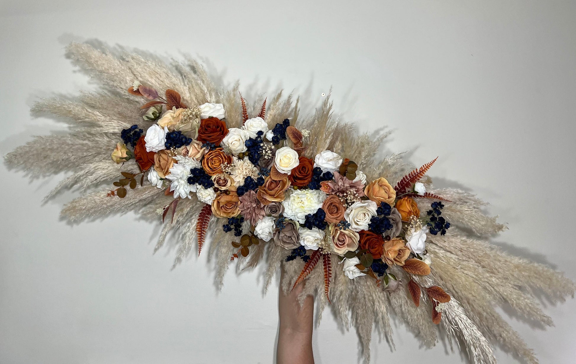 Wedding Terracotta Arch Arrangement Navy Blue Boho Burnt Orange Cinnamon Brown Rust Aisle Arrangement Swag Pampas Grass Decor Wall Fall