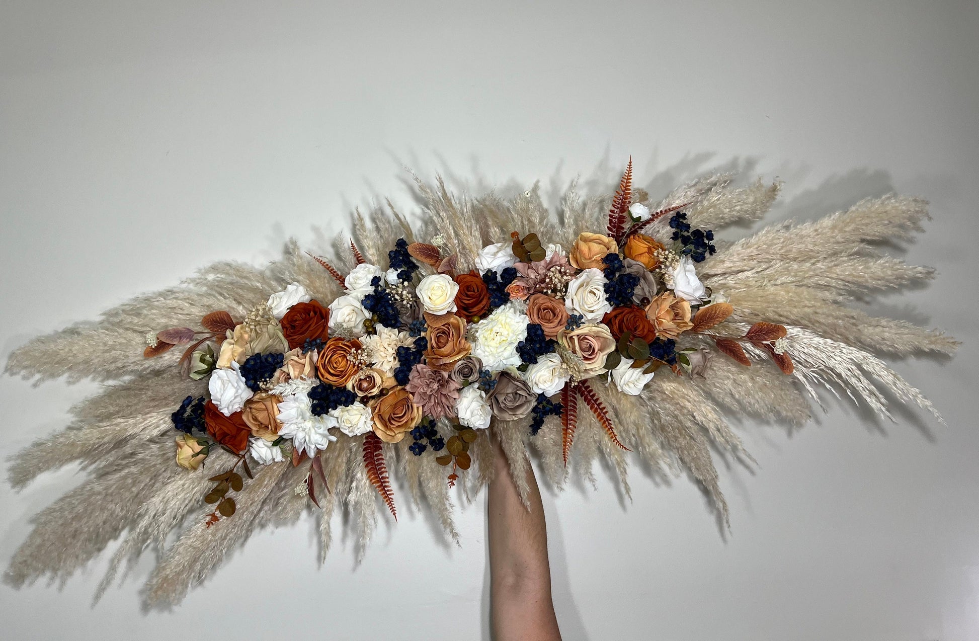 Wedding Terracotta Arch Arrangement Navy Blue Boho Burnt Orange Cinnamon Brown Rust Aisle Arrangement Swag Pampas Grass Decor Wall Fall