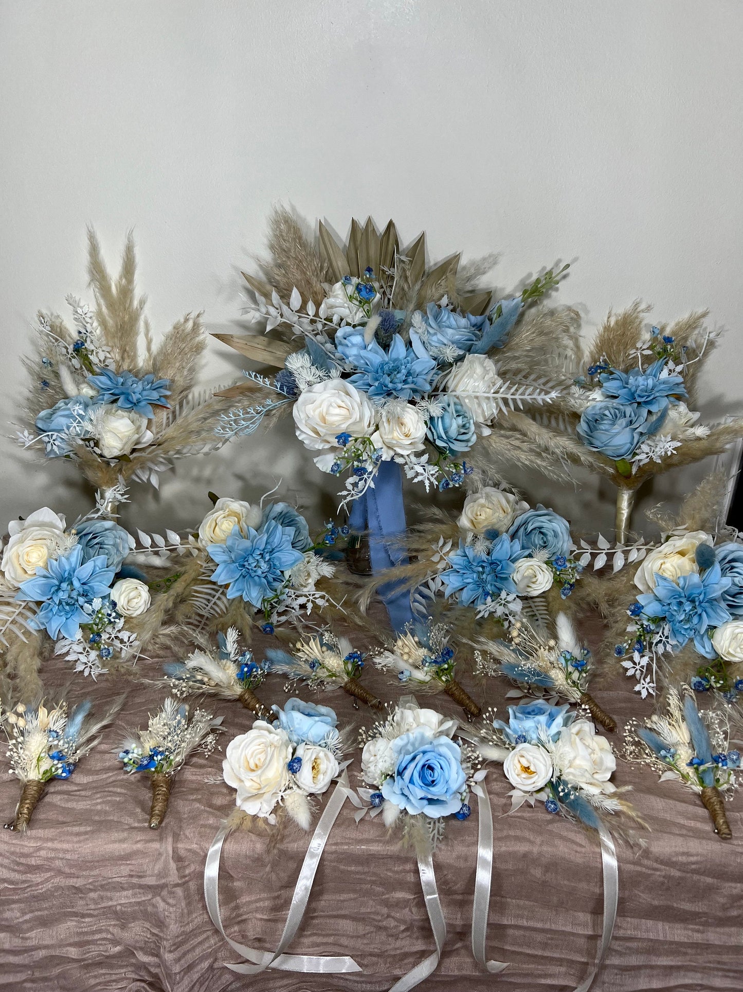 Wedding Bouquet Dusty Blue Sky Bridal Boho Bouquet Palms Leaves Wedding Royal Blue Baby White Pampas Grass Bouquet Artificial Flower Winter