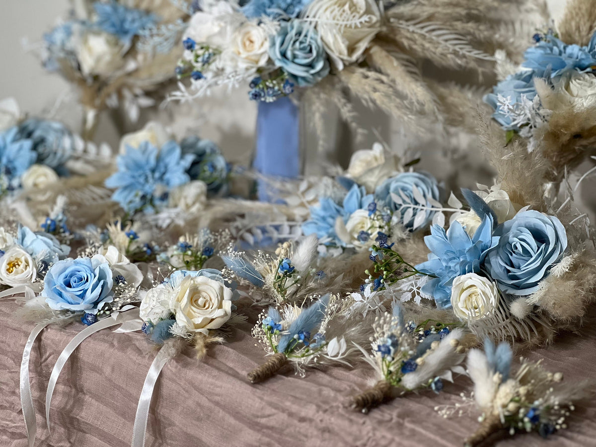 Wedding Bouquet Dusty Blue Sky Bridal Boho Bouquet Palms Leaves Wedding Royal Blue Baby White Pampas Grass Bouquet Artificial Flower Winter