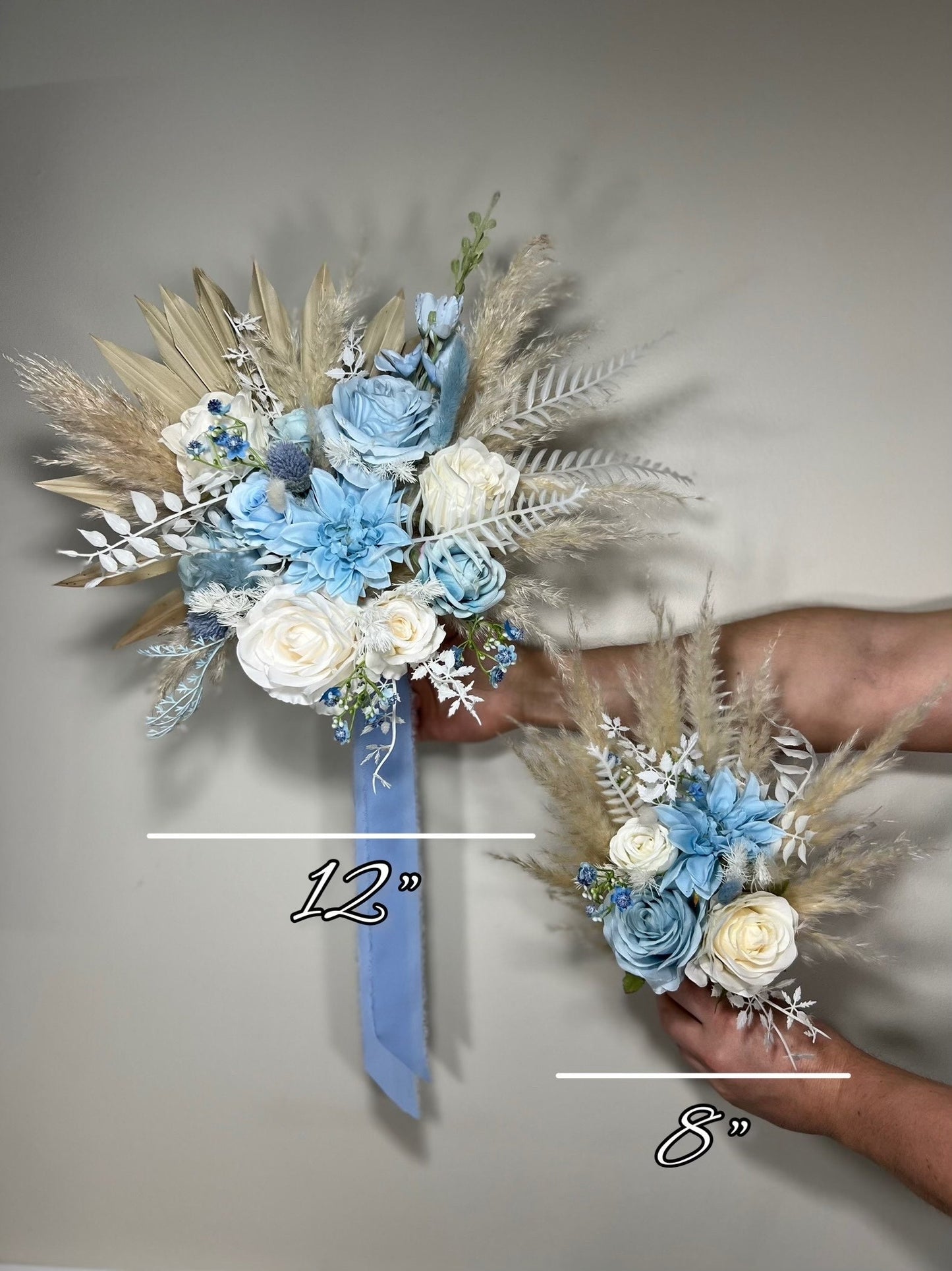 Wedding Bouquet Dusty Blue Sky Bridal Boho Bouquet Palms Leaves Wedding Royal Blue Baby White Pampas Grass Bouquet Artificial Flower Winter