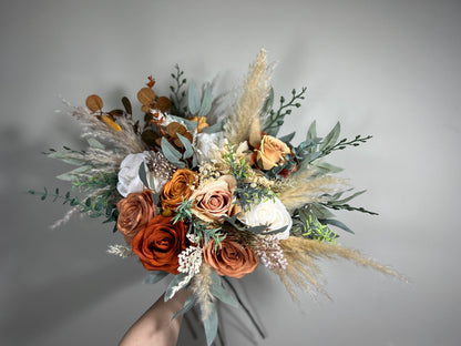 Wedding Bouquet Terracotta Rust Burnt Orange Bouquet Bridal Ivory Fall Eucalyptus Baby Breath Cinnamon Rose Pampas Grass Artificial Flower