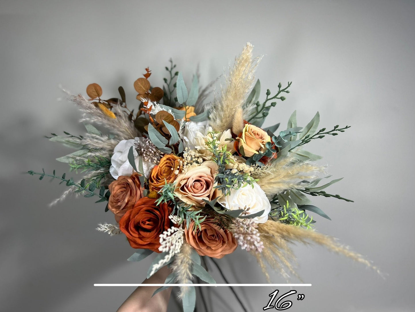 Wedding Bouquet Terracotta Rust Burnt Orange Bouquet Bridal Ivory Fall Eucalyptus Baby Breath Cinnamon Rose Pampas Grass Artificial Flower