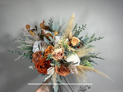 Wedding Bouquet Terracotta Rust Burnt Orange Bouquet Bridal Ivory Fall Eucalyptus Baby Breath Cinnamon Rose Pampas Grass Artificial Flower